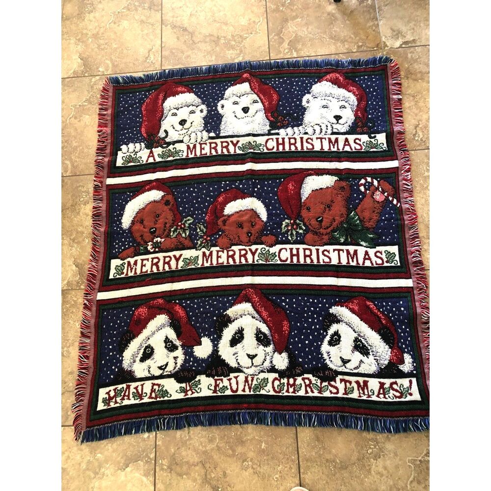 Vintage 90s Christmas Woven Tapestry Throw Blanket Animal Bear Panda Fringe 54"